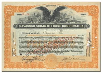 Savannah Sugar Refining Corporation Stock Certificate
