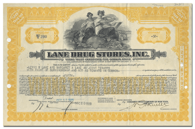 Lane Drug Stores, Inc. Stock Certificate