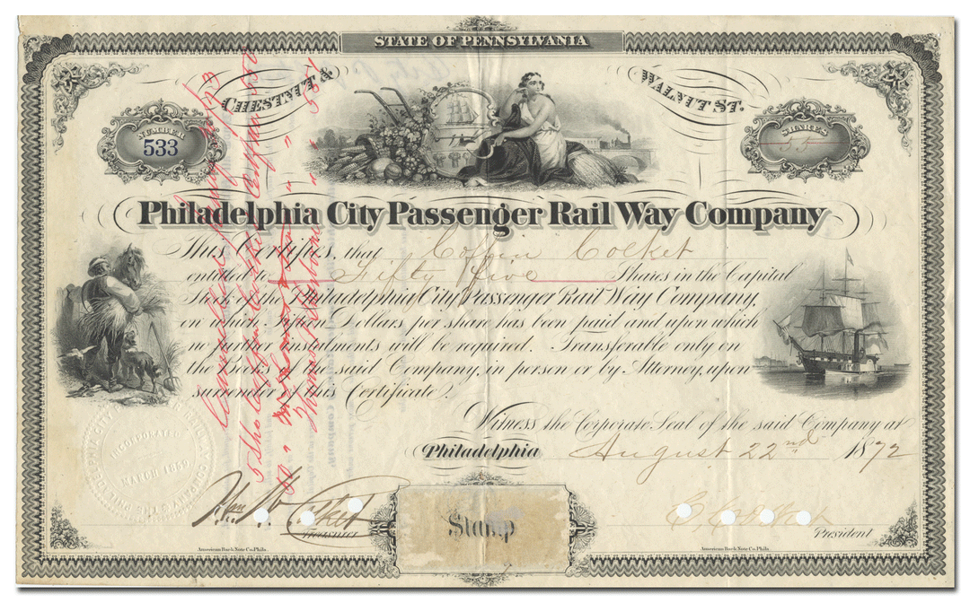 Philadelphia City Passenger Railway Company Stock Certificate