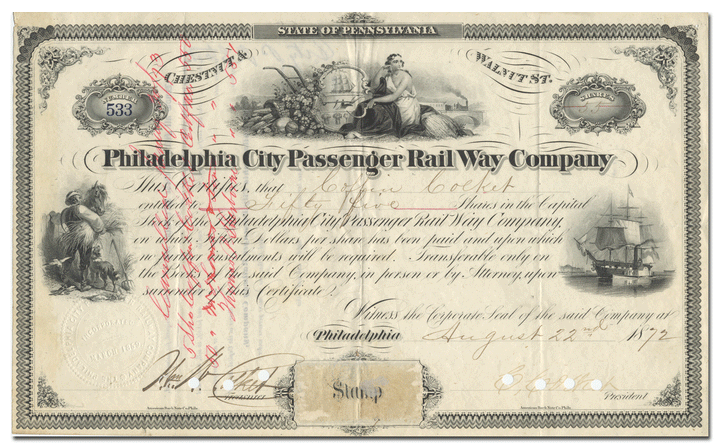 Philadelphia City Passenger Railway Company Stock Certificate