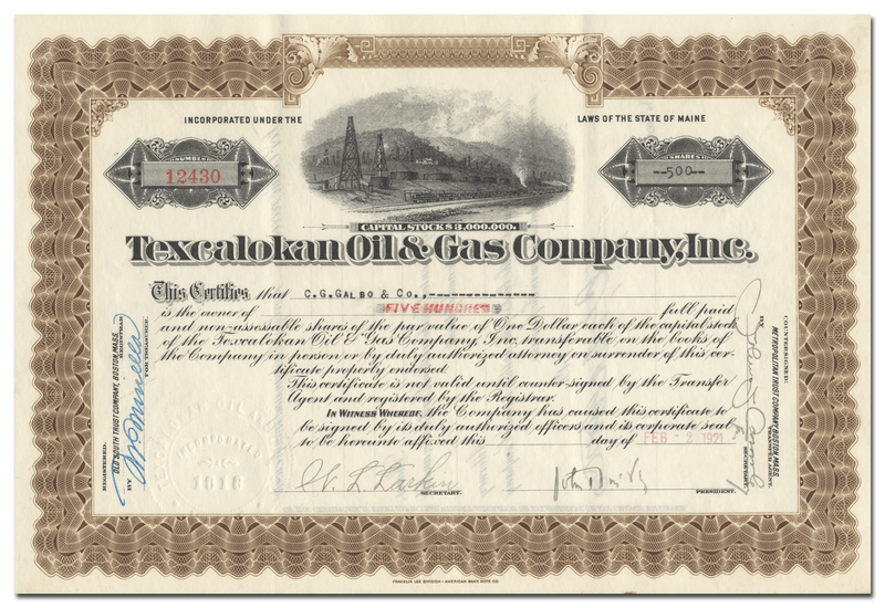 Texcalokan Oil & Gas Company, Inc. Stock Certificate