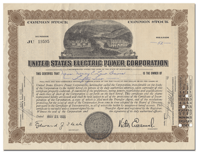 United States Electric Power Corporation Stock Certificate
