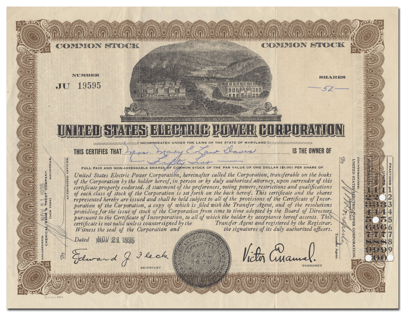 United States Electric Power Corporation Stock Certificate