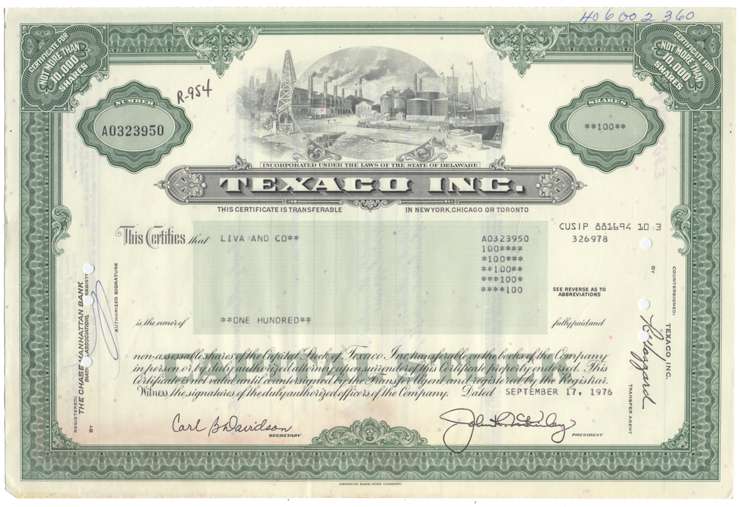 Texaco, Inc. Stock Certificate