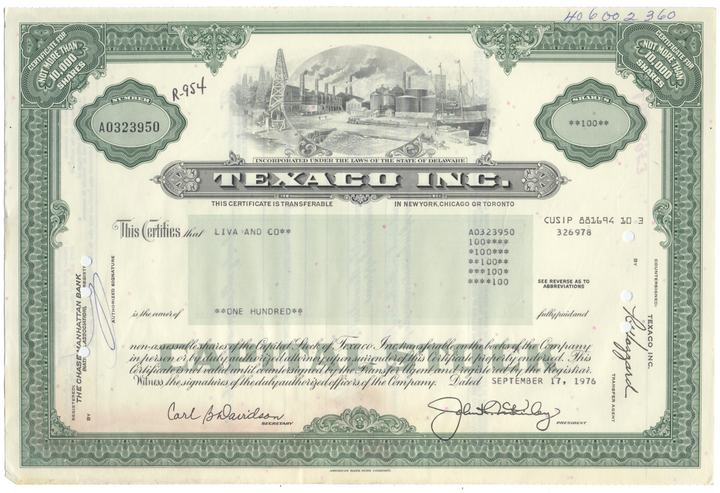 Texaco, Inc. Stock Certificate