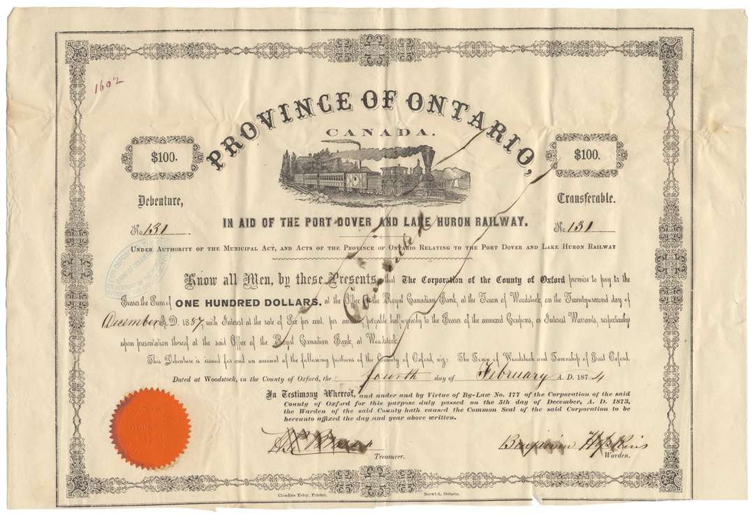 Port Dover and Lake Huron Railway Company Bond Certificate