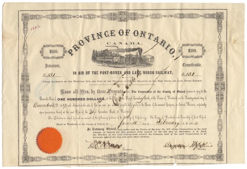 Port Dover and Lake Huron Railway Company Bond Certificate