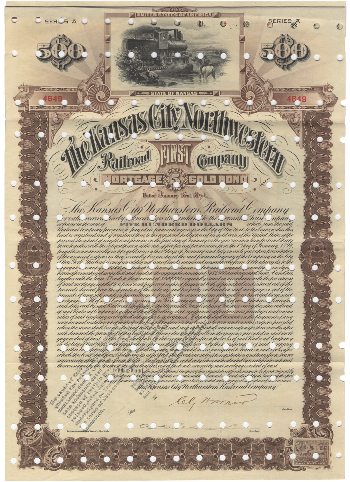 Kansas City Northwestern Railroad Company Bond Certificate