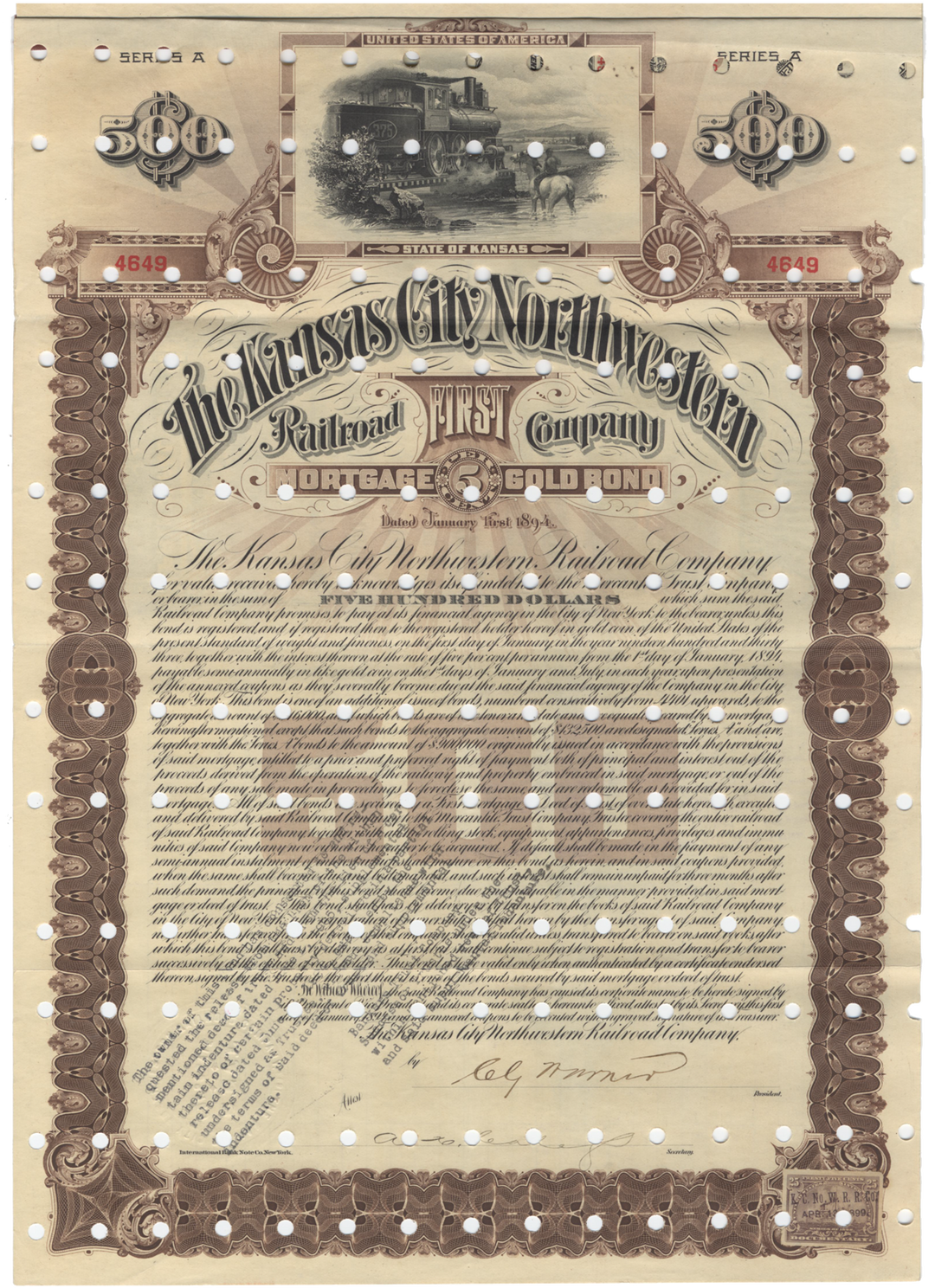 Kansas City Northwestern Railroad Company Bond Certificate