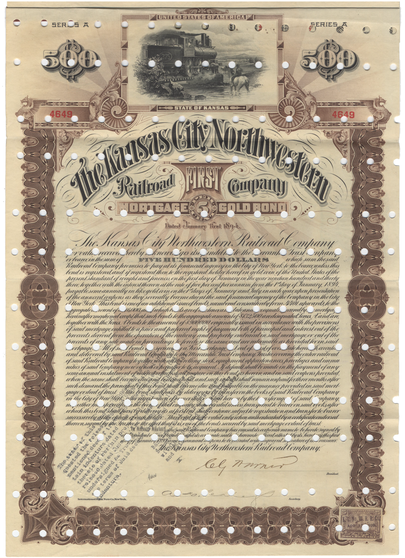 Kansas City Northwestern Railroad Company Bond Certificate