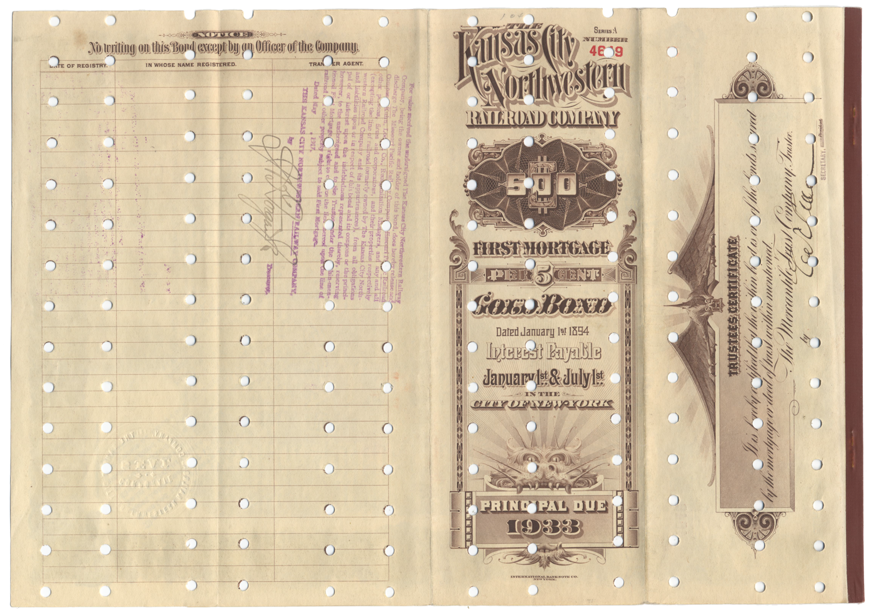 Kansas City Northwestern Railroad Company Bond Certificate