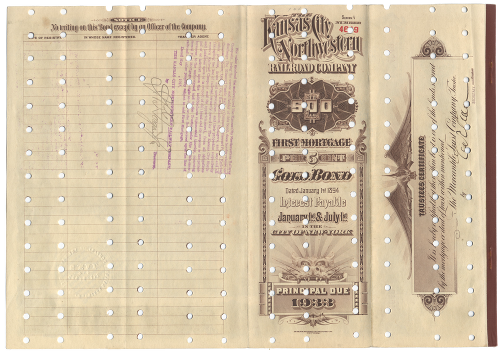 Kansas City Northwestern Railroad Company Bond Certificate