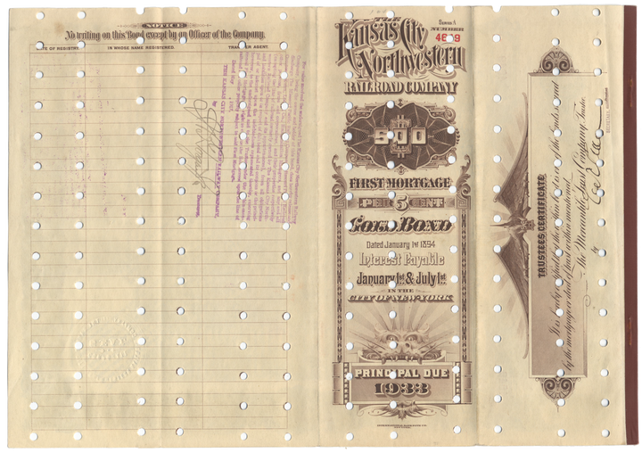 Kansas City Northwestern Railroad Company Bond Certificate