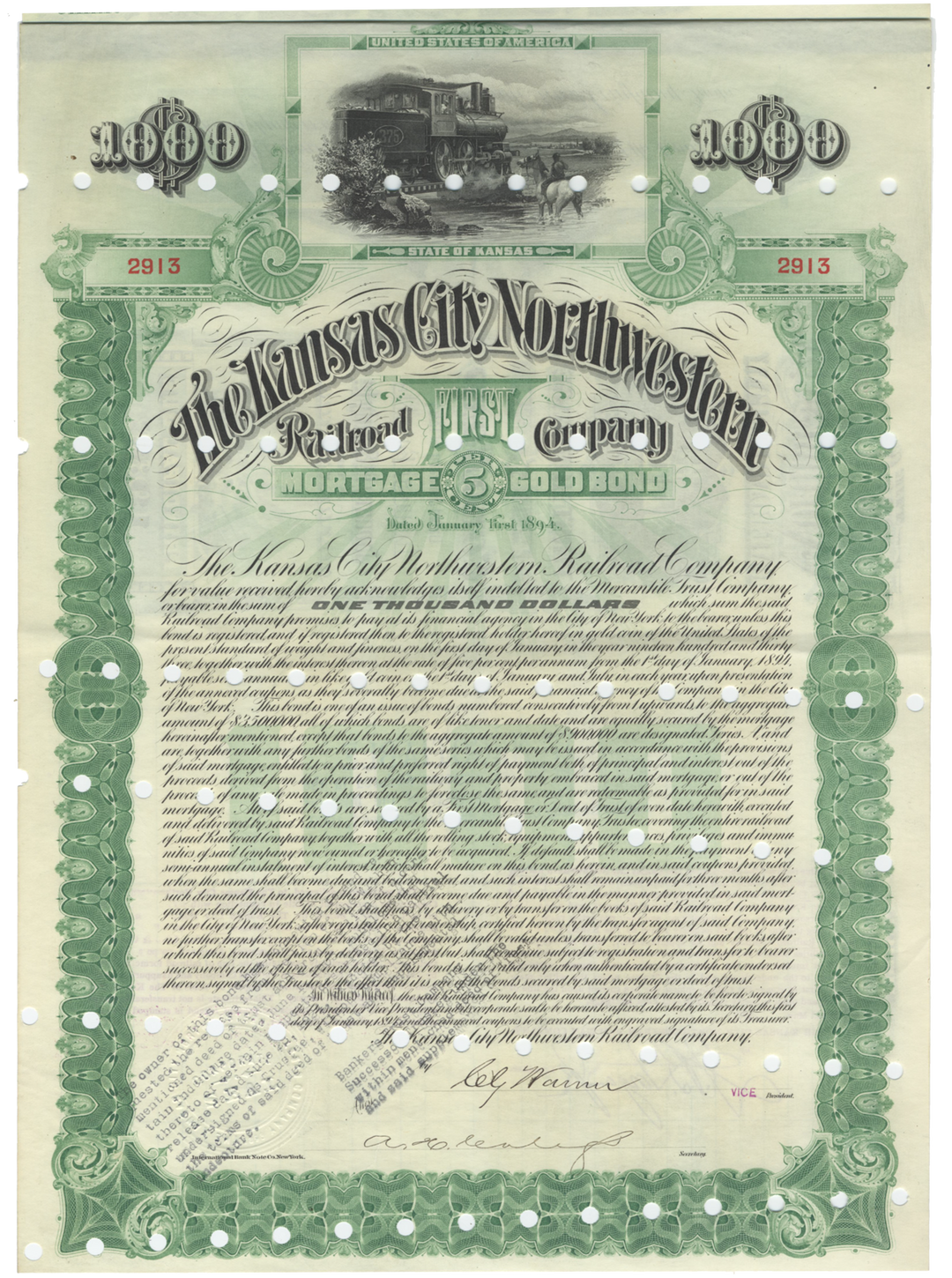 Kansas City Northwestern Railroad Company Bond Certificate