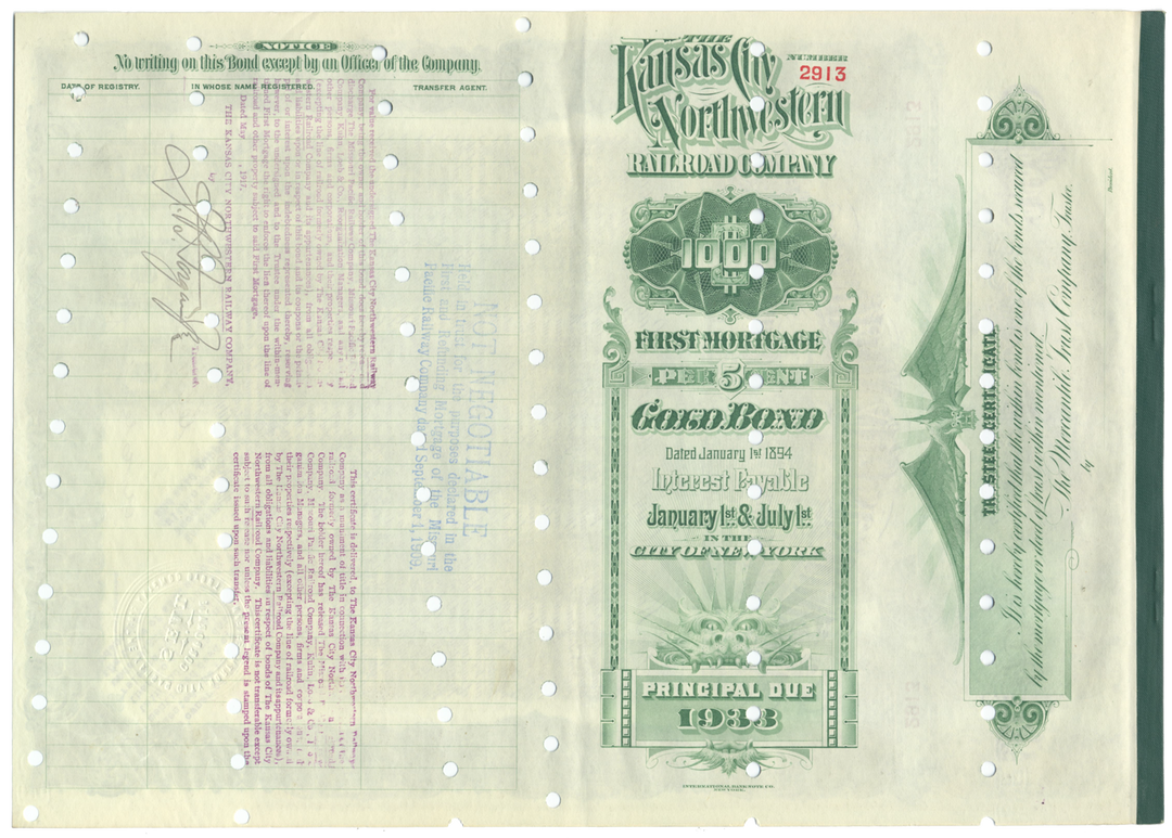 Kansas City Northwestern Railroad Company Bond Certificate