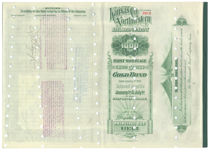 Kansas City Northwestern Railroad Company Bond Certificate