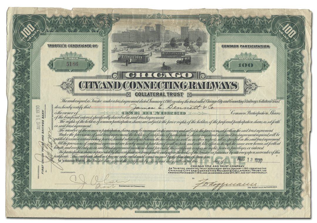 Chicago City and Connecting Railways Stock Certificate