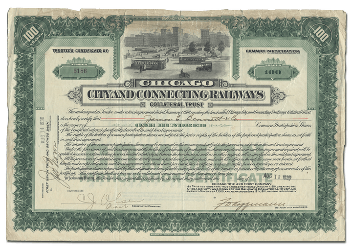 Chicago City and Connecting Railways Stock Certificate