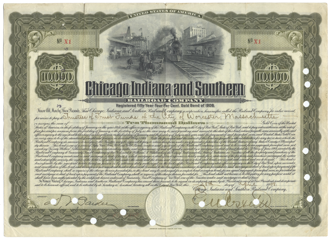 Chicago Indiana and Southern Railroad Company Bond Certificate