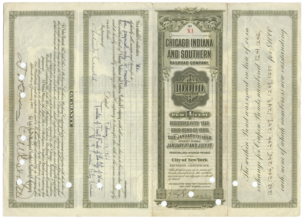 Chicago Indiana and Southern Railroad Company Bond Certificate