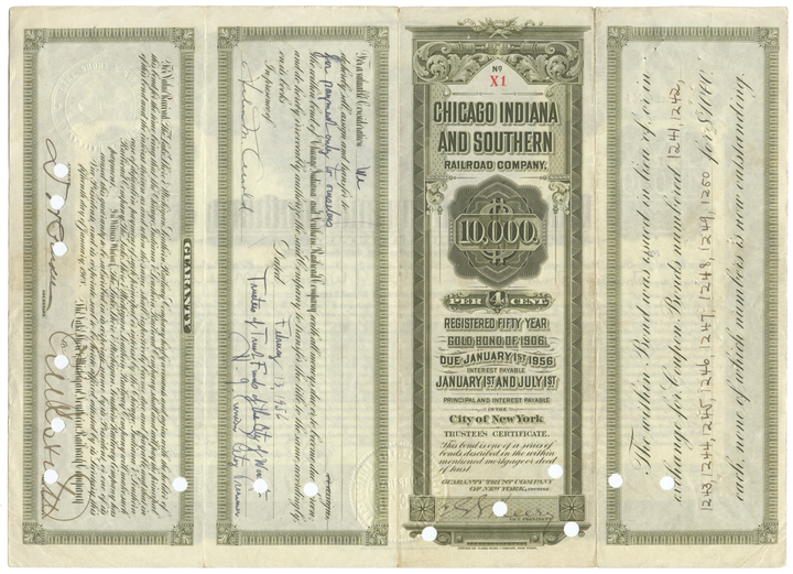 Chicago Indiana and Southern Railroad Company Bond Certificate