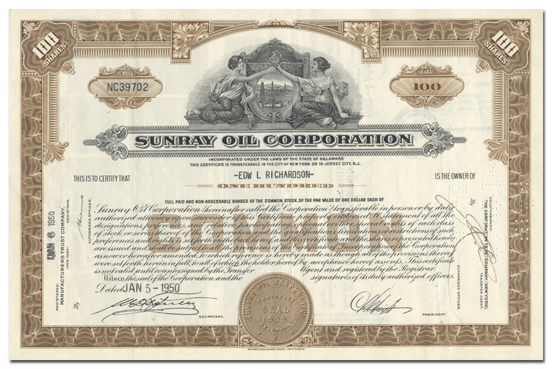 Sunray Oil Corporation Stock Certificate