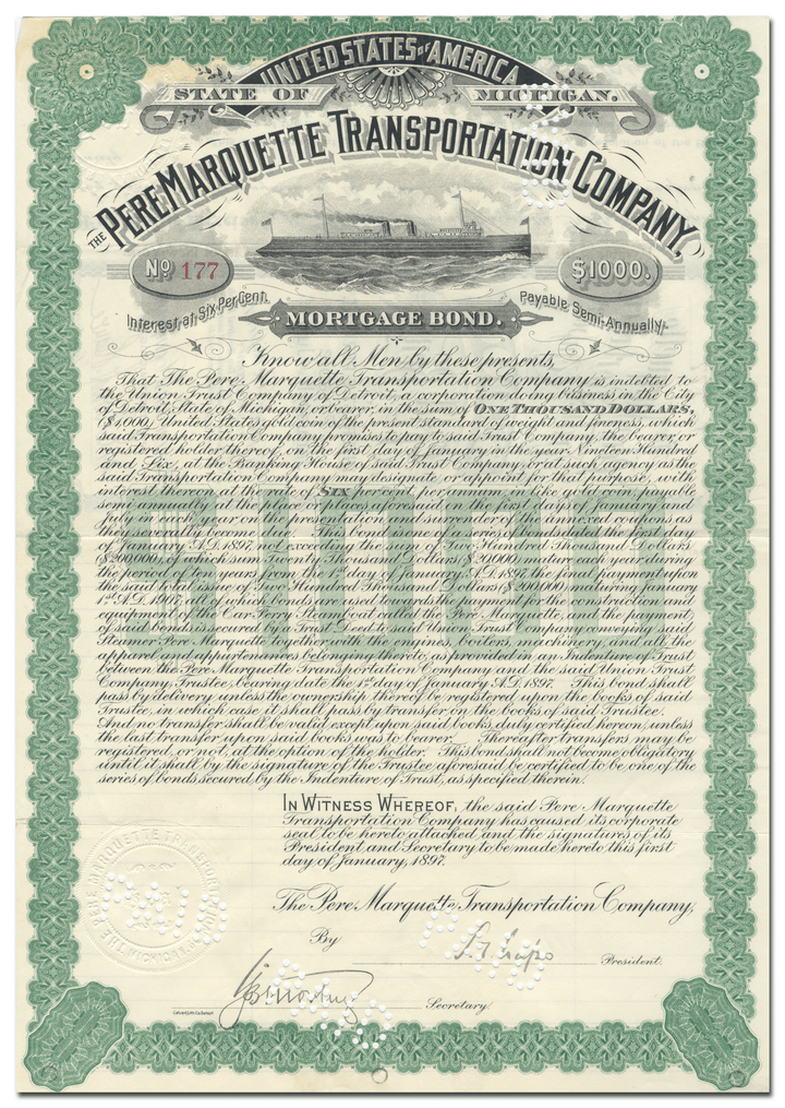 Pere Marquette Transportation Company Bond Certificate