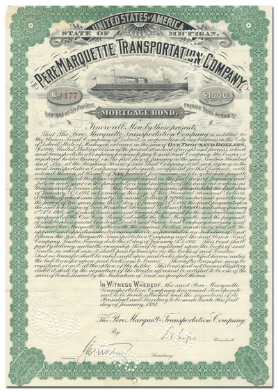Pere Marquette Transportation Company Bond Certificate
