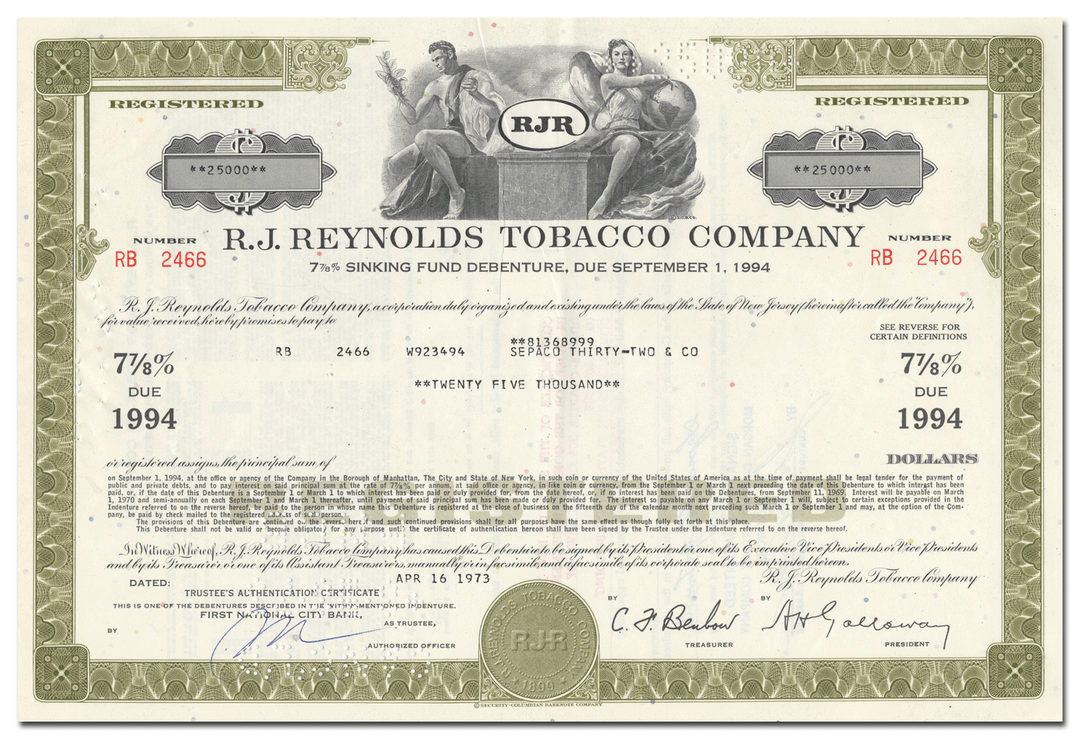 R. J. Reynolds Tobacco Company Bond Certificate