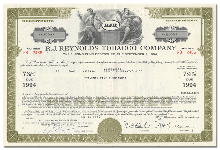 R. J. Reynolds Tobacco Company Bond Certificate