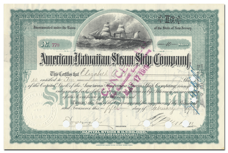American-Hawaiian Steam Ship Company Stock Certificate