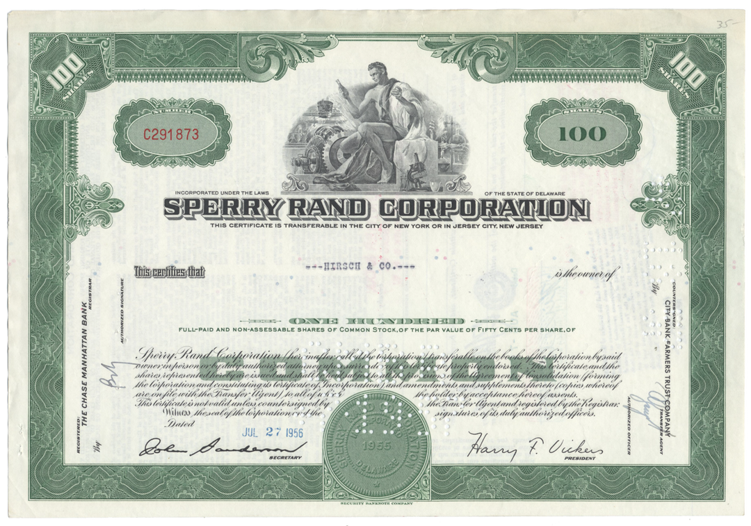 Sperry Rand Corporation Stock Certificate