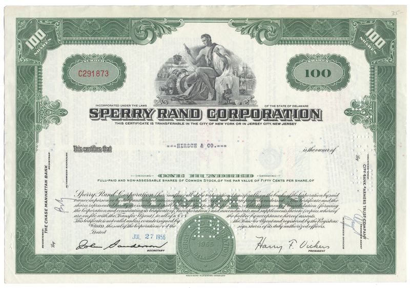 Sperry Rand Corporation Stock Certificate