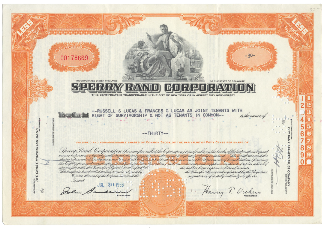 Sperry Rand Corporation Stock Certificate