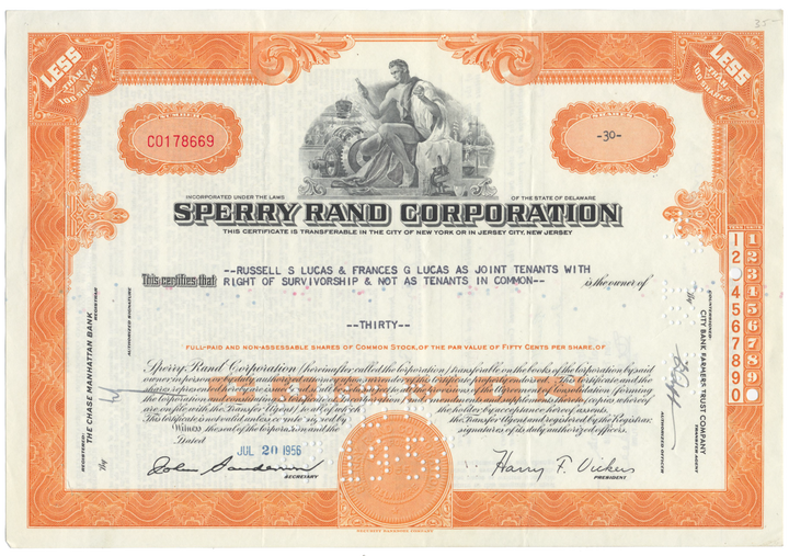 Sperry Rand Corporation Stock Certificate