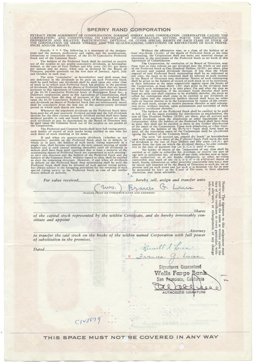 Sperry Rand Corporation Stock Certificate