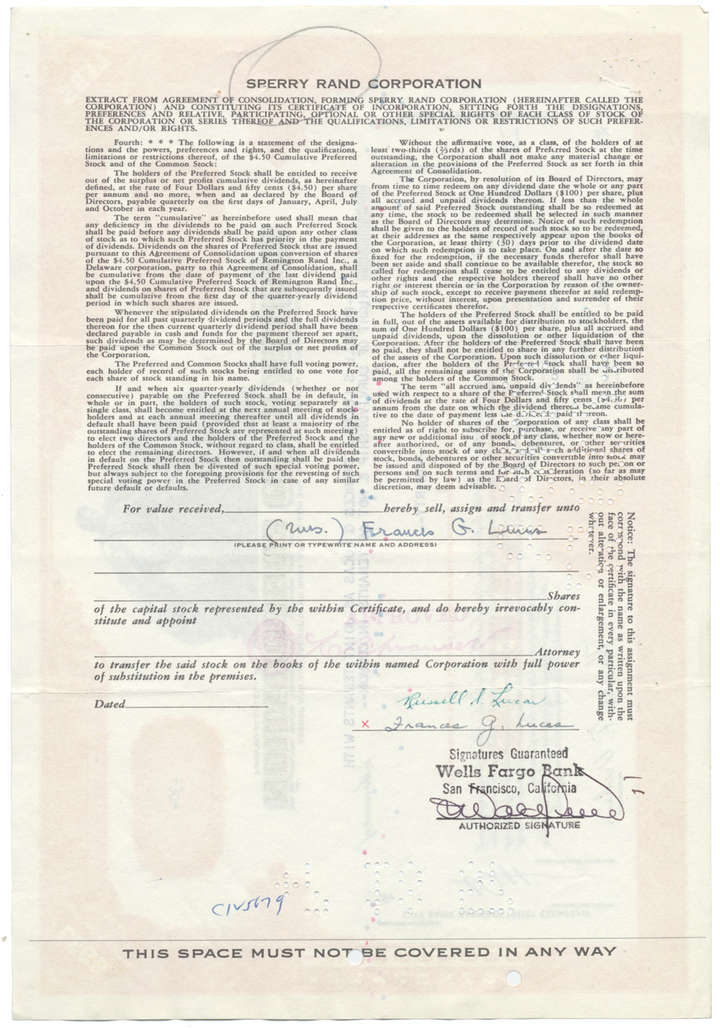 Sperry Rand Corporation Stock Certificate