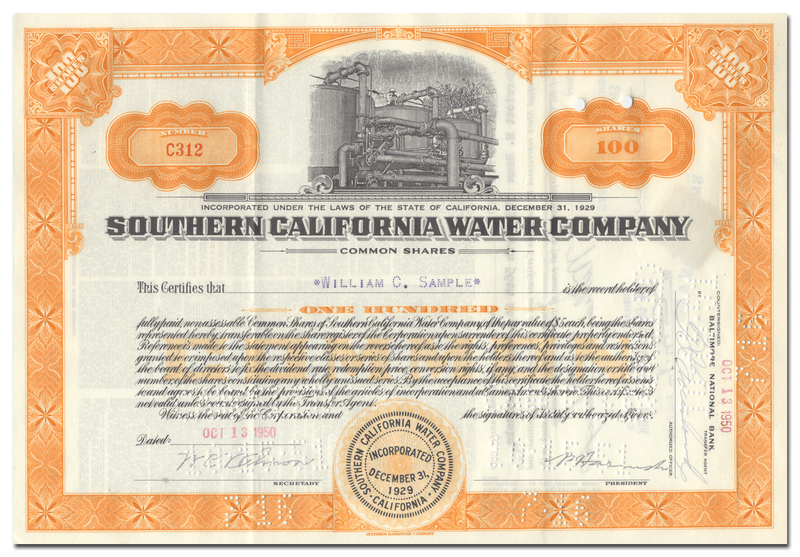Southern California Water Company Stock Certificate