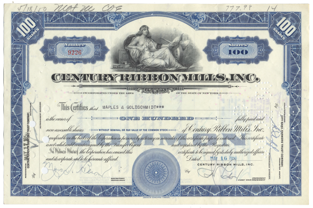 Century Ribbon Mills, Inc. Stock Certificate