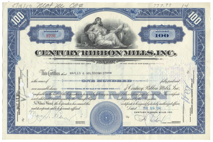 Century Ribbon Mills, Inc. Stock Certificate