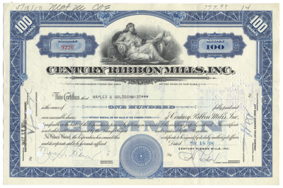 Century Ribbon Mills, Inc. Stock Certificate