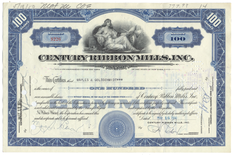 Century Ribbon Mills, Inc. Stock Certificate