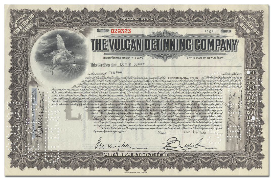 Vulcan Detinning Company Stock Certificate