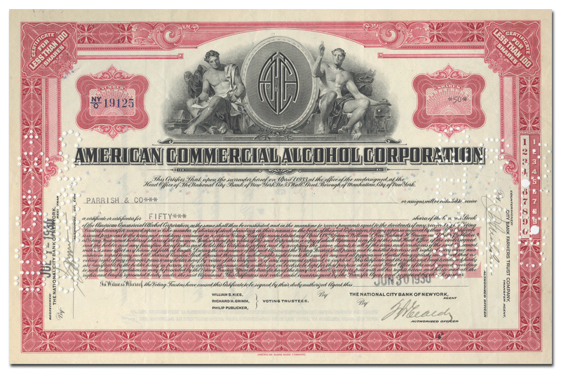 American Commercial Alcohol Corporation Stock Certificate