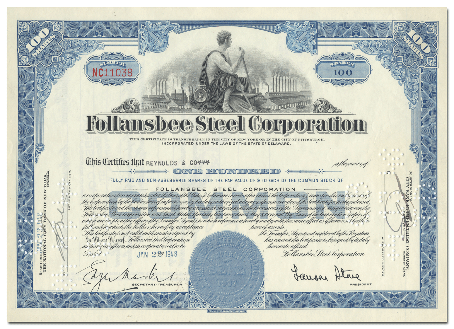Follansbee Steel Corporation Stock Certificate