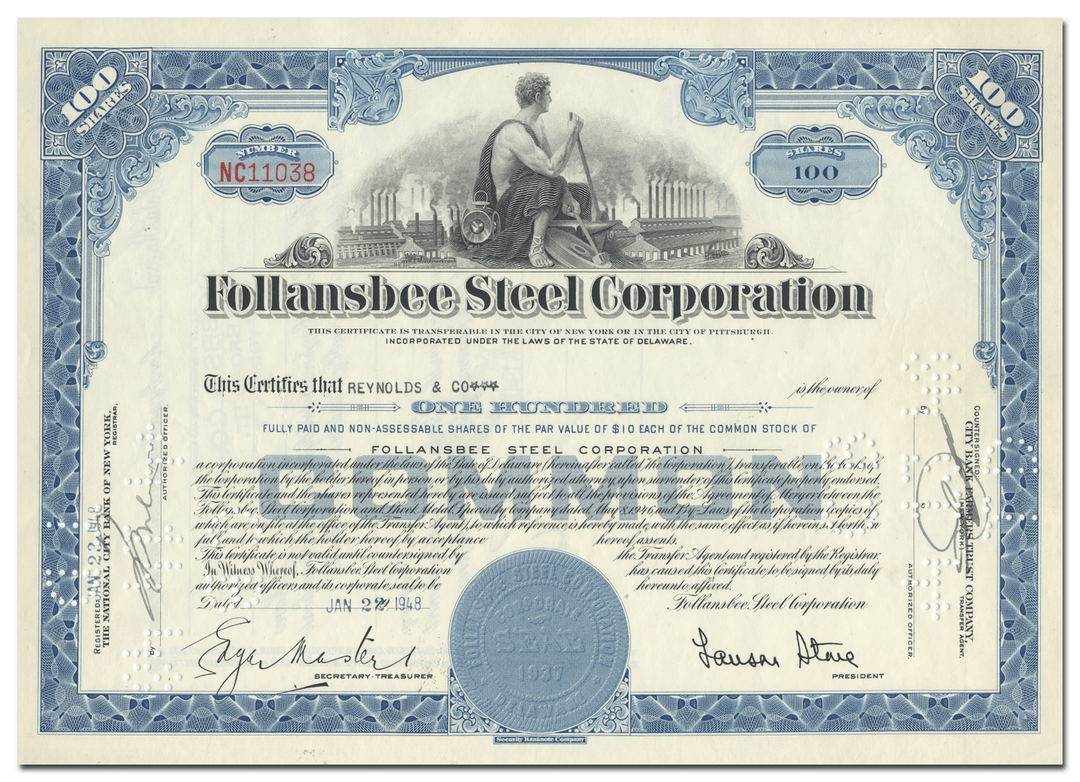 Follansbee Steel Corporation Stock Certificate