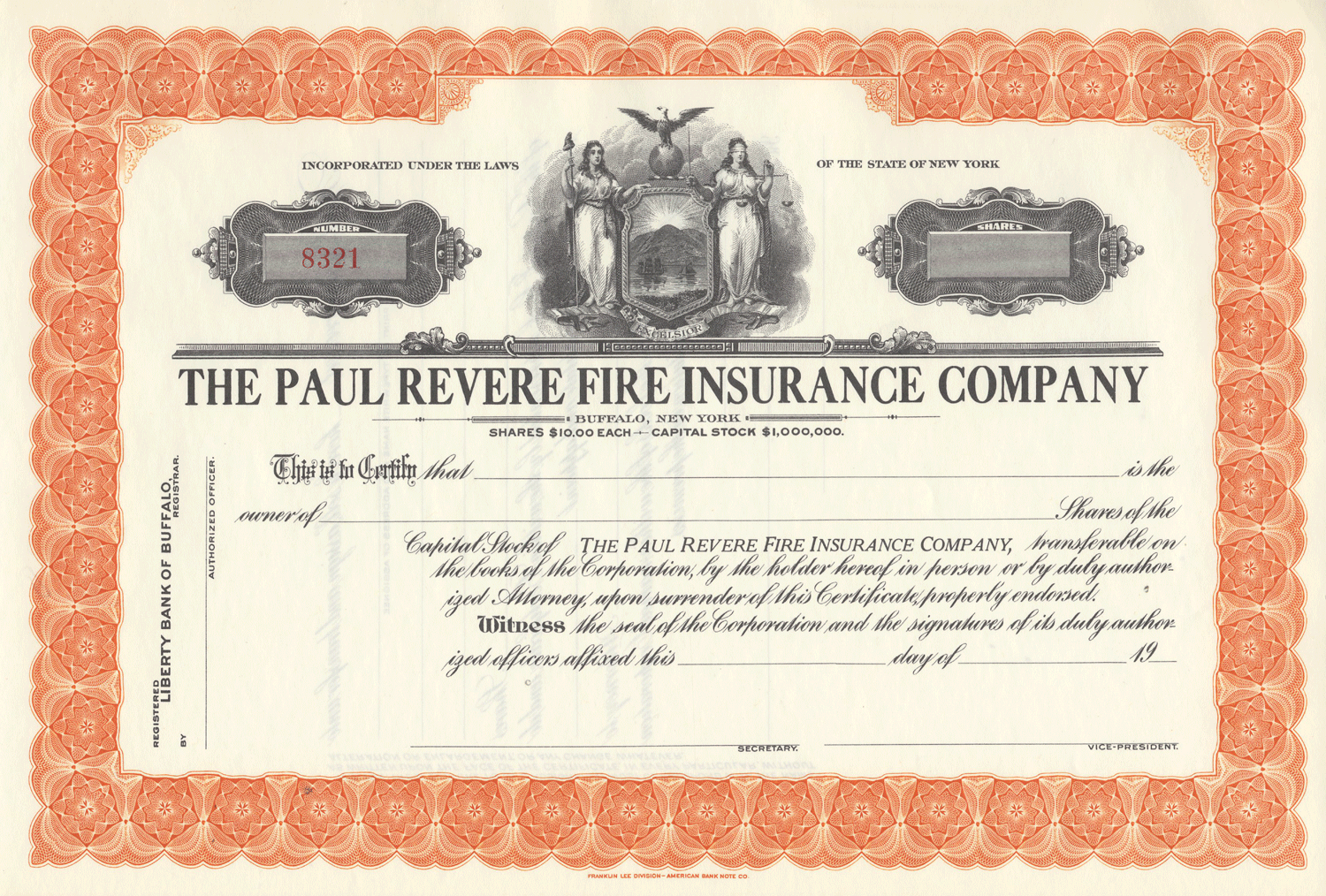 Paul Revere Fire Insurance Company Stock Certificate