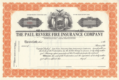 Paul Revere Fire Insurance Company Stock Certificate