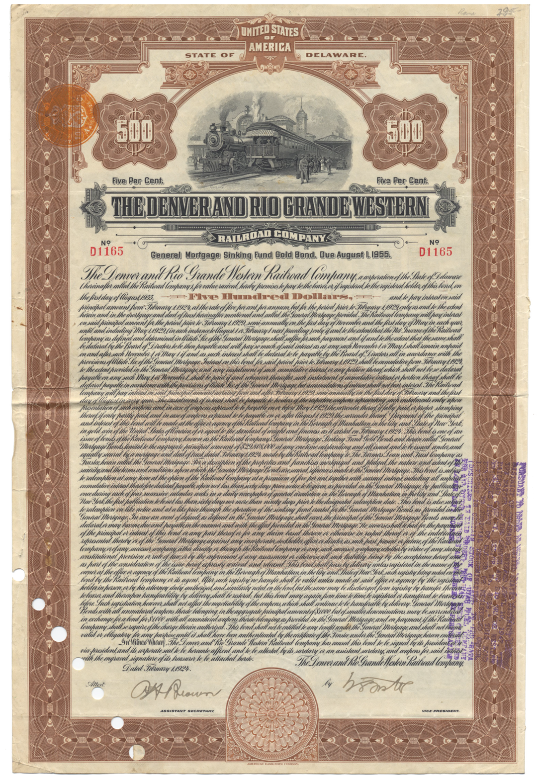 Denver and Rio Grande Western Railroad Company Bond Certificate