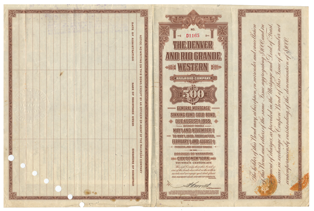 Denver and Rio Grande Western Railroad Company Bond Certificate